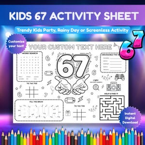 6 7 Meme Activity Sheet, Kids Custom Placemat, Instant Download, Word Search Maze, Fun Kids Activity Sheet, Screen Free Summer Game Ideas