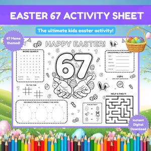 May include: A black and white Easter-themed activity sheet with the text "EASTER 67 ACTIVITY SHEET". The sheet includes word searches, mazes, and connect-the-dots activities. A basket of colorful eggs is in the upper right corner. The words "Happy Easter" are also visible.