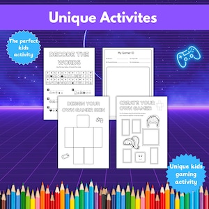 May include: A collection of printable kids' gaming activities, including word puzzles, character design sheets, and a gamer ID form. The text "Unique Activities" and "Unique kids gaming activity" are displayed on a purple background with a retro design and a row of colored pencils.