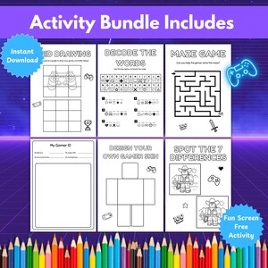 May include: A black and white activity bundle with the text "Activity Bundle Includes" and "Instant Download". Includes a 3D drawing game, word decoding, maze game, gamer ID, skin design, and spot the difference activities. A fun, screen-free activity.