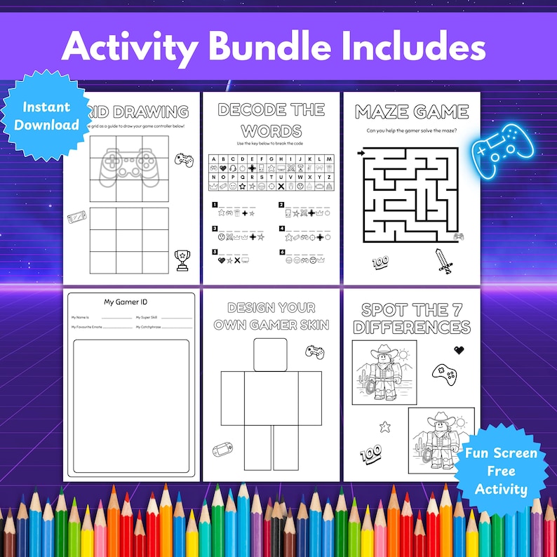 May include: A black and white activity bundle with the text "Activity Bundle Includes" and "Instant Download". Includes a 3D drawing game, word decoding, maze game, gamer ID, skin design, and spot the difference activities. A fun, screen-free activity.