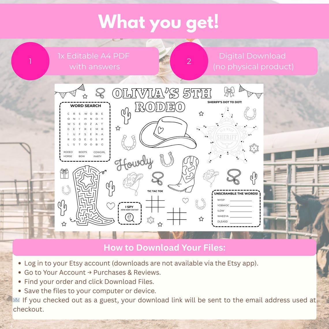 Editable Pink Cowgirl Birthday Party Placemat | Printable Cowgirl Theme ...