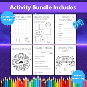 May include: A black and white activity bundle for all ages, featuring word searches, create your own gamer, word scrambles, mazes, quizzes, and escape the obby games. Includes an answer key. The text "Activity Bundle Includes" is at the top.