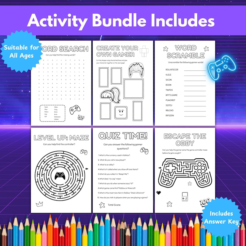 May include: A black and white activity bundle for all ages, featuring word searches, create your own gamer, word scrambles, mazes, quizzes, and escape the obby games. Includes an answer key. The text "Activity Bundle Includes" is at the top.
