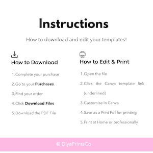 May include: White graphic with the word "Instructions" in bold black font, with instructions on how to download and edit templates. The instructions are divided into "How to Download" and "How to Edit & Print" sections.