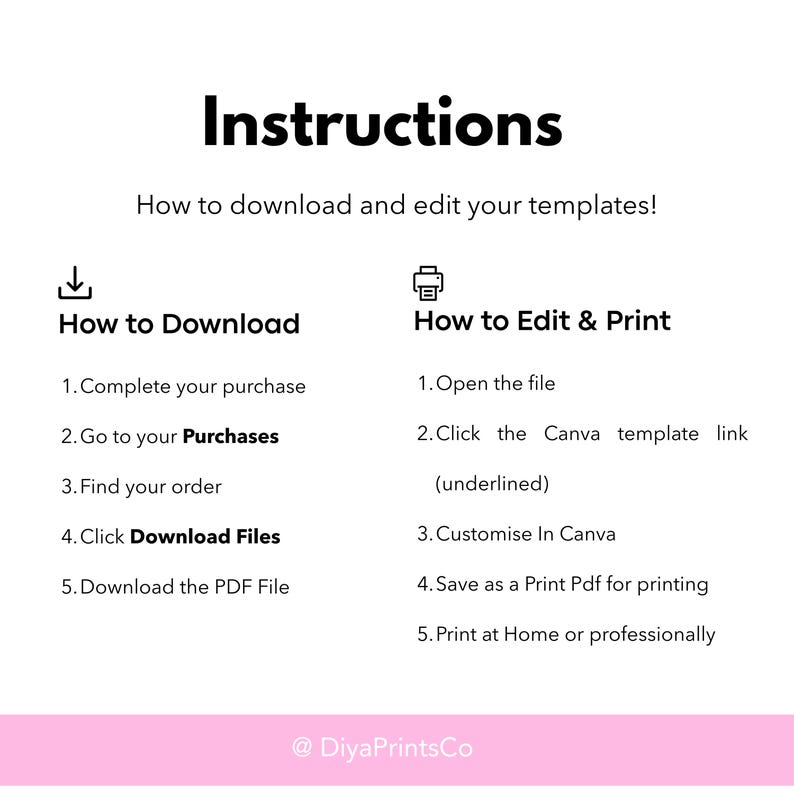 May include: White graphic with the word "Instructions" in bold black font, with instructions on how to download and edit templates. The instructions are divided into "How to Download" and "How to Edit & Print" sections.