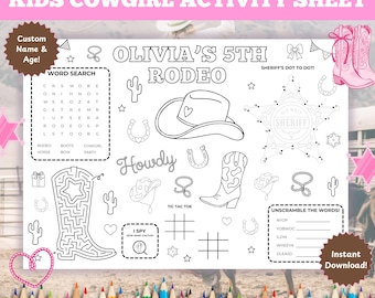 Tovaglietta modificabile per la festa di compleanno di una cowgirl rosa / Pagina da colorare stampabile a tema cowgirl / Foglio di attività per il rodeo / Bomboniera per la festa di una cowgirl / Cowboy