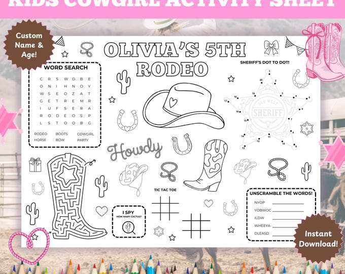 Editable Pink Cowgirl Birthday Party Placemat | Printable Cowgirl Theme ...