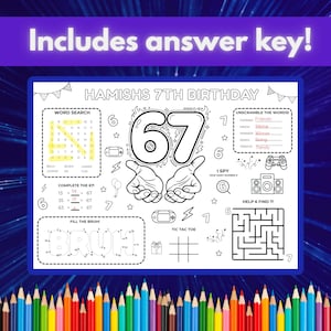 May include: A black and white activity placemat for a 7th birthday, featuring word searches, number puzzles, and a maze. The placemat includes the text "Hamish's 7th Birthday" and "Includes answer key!"
