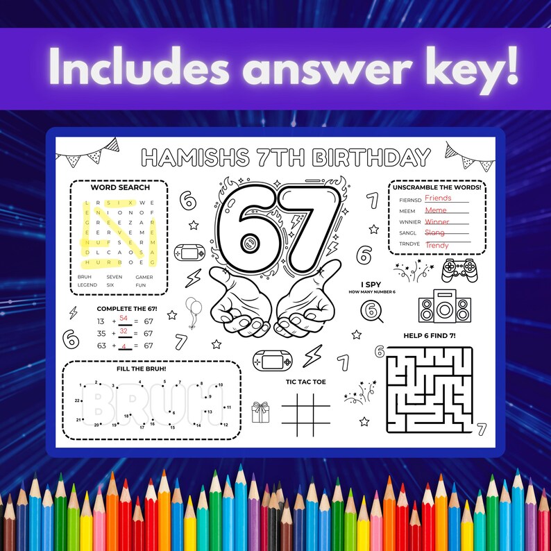 May include: A black and white activity placemat for a 7th birthday, featuring word searches, number puzzles, and a maze. The placemat includes the text "Hamish's 7th Birthday" and "Includes answer key!"