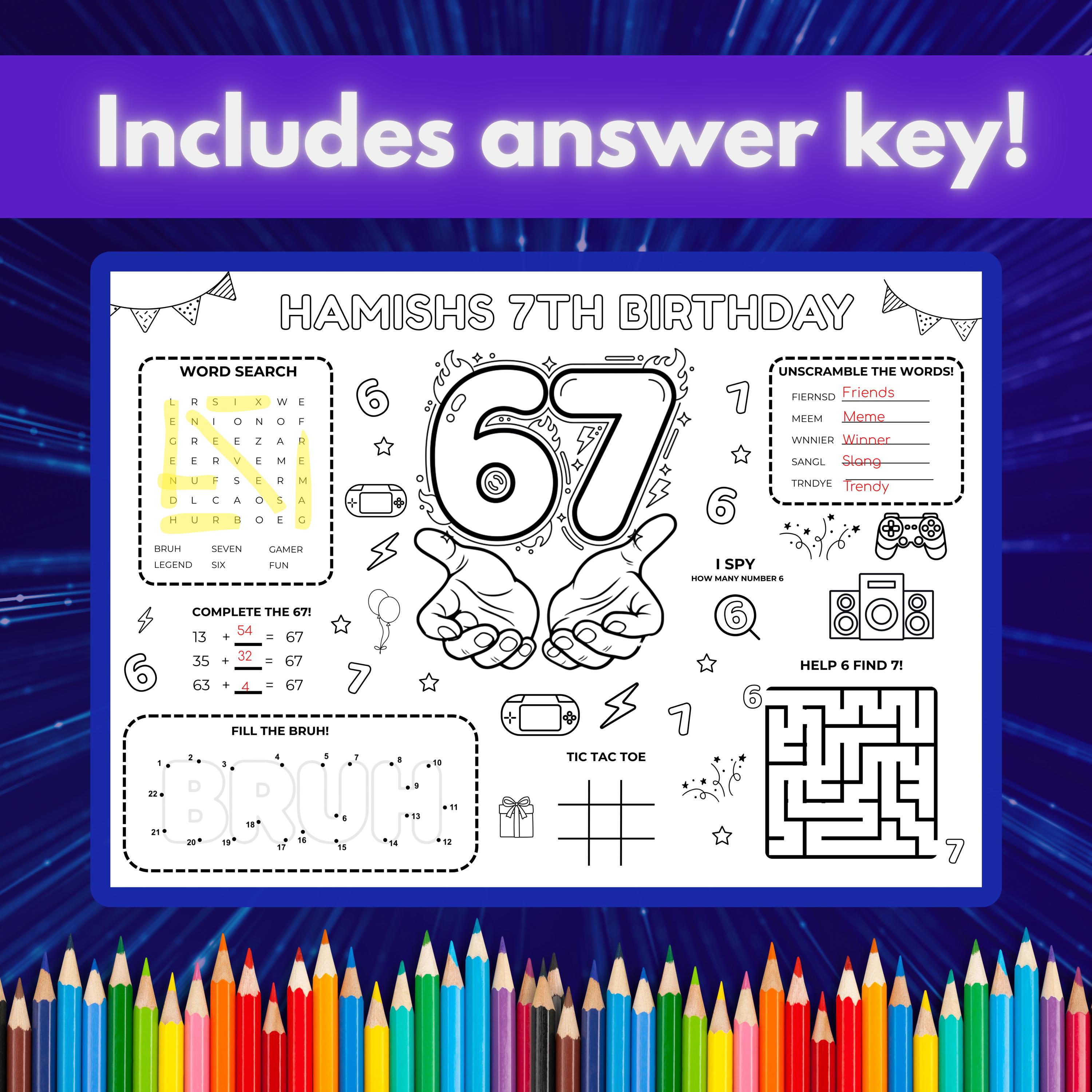 67 Kids Activity Sheet | Funny 6 7 Birthday Activity | Kids Party ...