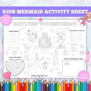 Puede incluir: Una hoja de actividades de sirenas para niños con el texto "KAITLYNS' 4TH BIRTHDAY!". La hoja incluye una búsqueda de palabras, un laberinto y otras actividades. Tiene ilustraciones de sirenas y un borde de lápices de colores.