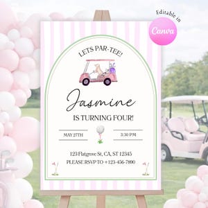 Puede incluir: Un cartel de invitación de cumpleaños rectangular con fondo de rayas rosas y blancas y un centro blanco arqueado. Incluye un carrito de golf en acuarela, una pelota de golf sobre un tee y el texto LETS PAR-TEE, Jasmine IS TURNING FOUR, MAY 27TH, 3:30 PM, 123 Flatgrove St, CA, ST 12345, PLEASE RSVP TO +123-456-7890.