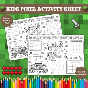 Arkusz aktywności Mine Pixel Block, Upominek urodzinowy dla gracza, Podkładka pod talerz do druku Block World, Wyszukiwarka słów Pixel Maze, Pobieranie cyfrowe Canva