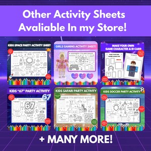 May include: A promotional image showcasing various kids' activity sheets. The sheets feature themes like space, gaming, safari, and soccer, with coloring pages and games. Text includes "Other Activity Sheets Available In my Store!" and sheet titles.