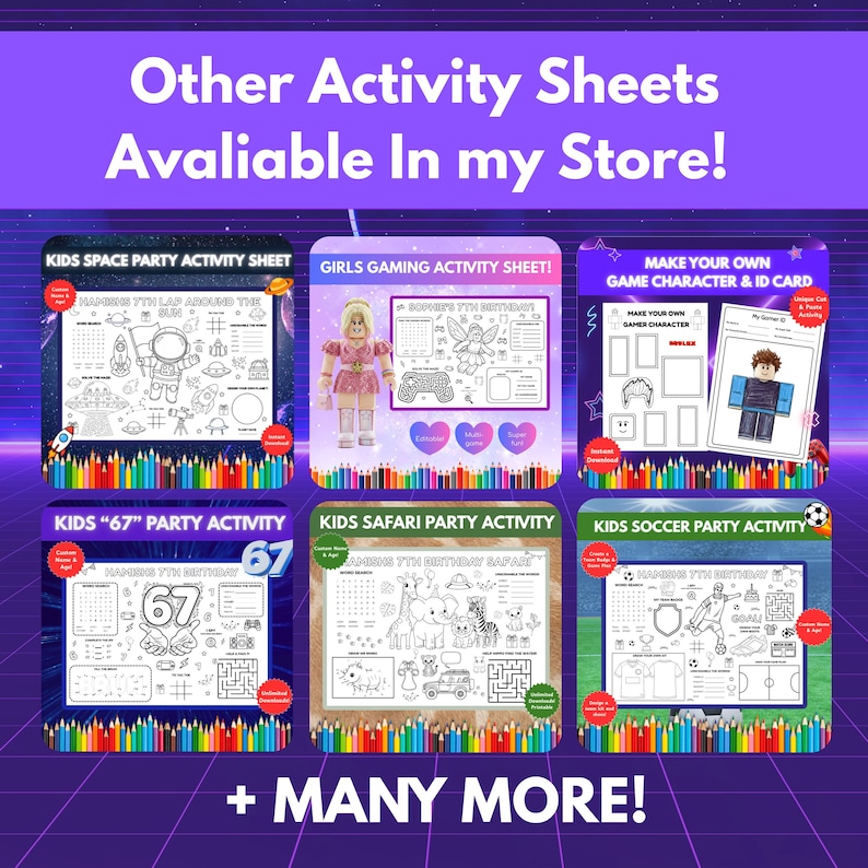 May include: A promotional image showcasing various kids' activity sheets. The sheets feature themes like space, gaming, safari, and soccer, with coloring pages and games. Text includes "Other Activity Sheets Available In my Store!" and sheet titles.