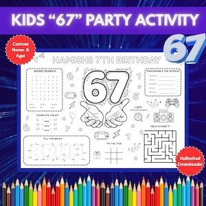 Könnte beinhalten: Ein Party-Aktivitätsblatt für Kinder mit dem Text "KIDS '67' PARTY ACTIVITY". Das Blatt enthält ein Wortsuchrätsel, ein Labyrinth und andere Spiele. Das Design ist für eine 7. Geburtstagsfeier.