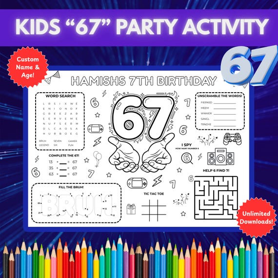 67 Kids Activity Sheet | Funny 6 7 Birthday Activity | Kids Party Favour Idea | Six Seven Meme Birthday Party Activity | Instant Download