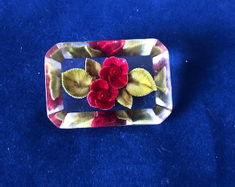 Vintage Roses: Beautiful 1960s Vintage Pin/Brooch with Fabric Roses Encased in Clear Lucite