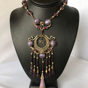 Beautiful Bird-Themed Antique Brass and Purple Glass 1920s Czech Necklace image 5