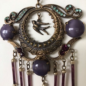 Beautiful Bird-Themed Antique Brass and Purple Glass 1920s Czech Necklace image 1