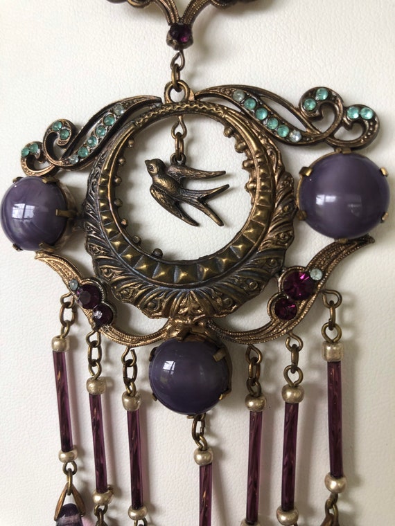 Beautiful Bird-Themed Antique Brass and Purple Gl… - image 1
