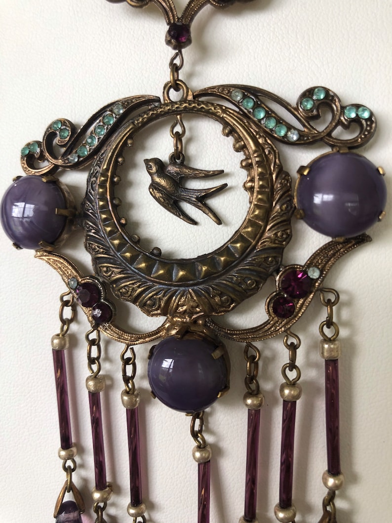 Beautiful Bird-Themed Antique Brass and Purple Glass 1920s Czech Necklace image 1