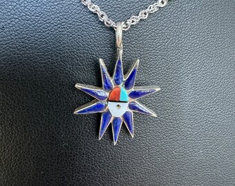 Zuni Lapis Lazuli Inlay: Charming Vintage Spiky Sunface Pendant.