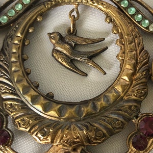 Beautiful Bird-Themed Antique Brass and Purple Glass 1920s Czech Necklace image 3