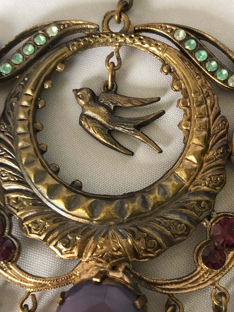 Beautiful Bird-Themed Antique Brass and Purple Glass 1920s Czech Necklace image 3