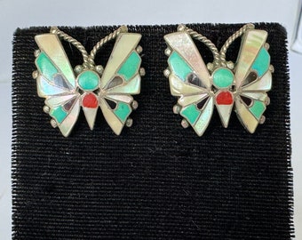 Gorgeous Vintage Zuni Channelwork Butterfly Earrings: Beautiful Multistone and Sterling Silver