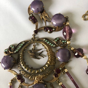 Beautiful Bird-Themed Antique Brass and Purple Glass 1920s Czech Necklace image 6