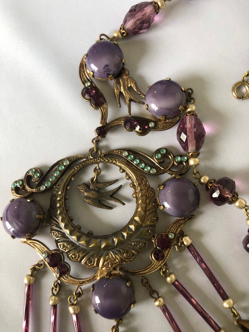 Beautiful Bird-Themed Antique Brass and Purple Glass 1920s Czech Necklace image 6