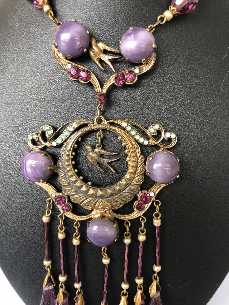 Beautiful Bird-Themed Antique Brass and Purple Glass 1920s Czech Necklace image 4