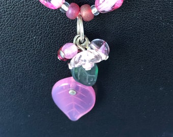 Vintage Valentine Gift: Pink Czech Glass Necklace with Hearts-and-flowers Pendant