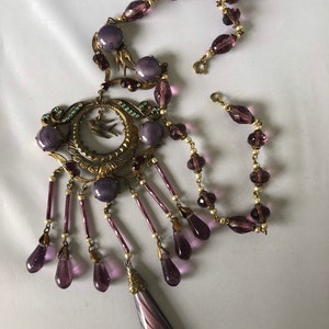 Beautiful Bird-Themed Antique Brass and Purple Glass 1920s Czech Necklace image 7