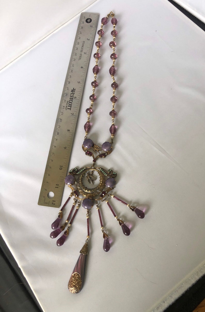 Beautiful Bird-Themed Antique Brass and Purple Glass 1920s Czech Necklace image 8