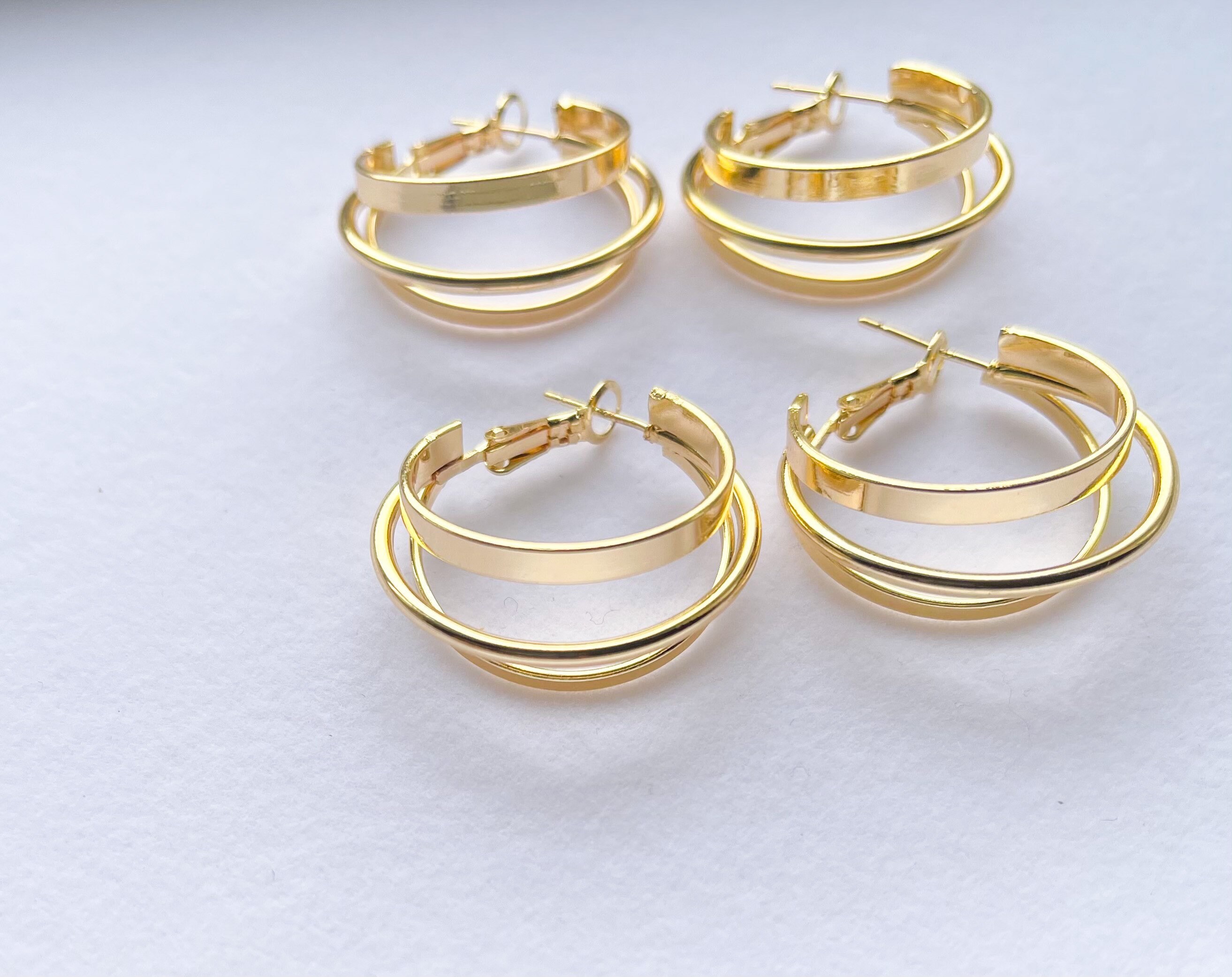 18k Gold plated triple hoop earrings Statement earrings Etsy