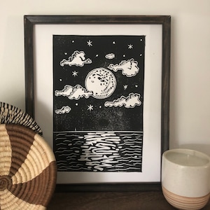 The Path - Moon Seascape Handmade Block Print