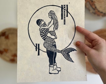 Drawn to You - Mermaid and Sailor Handmade Block Print