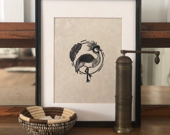 Grey Crowned Crane - Bird Handmade Block Print