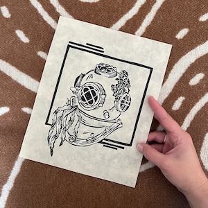 Unter Druck - Antiker Taucher Helm Handmade Block Print