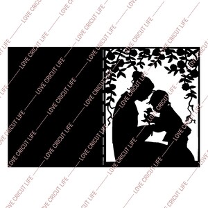 May include: Black silhouette of a mother and child, with the child offering a flower. The design is framed by a floral arch. The words "LOVE CRICUT LIFE" are diagonally printed across the image.