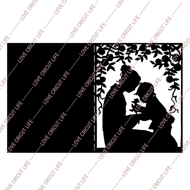 May include: Black silhouette of a mother and child, with the child offering a flower. The design is framed by a floral arch. The words "LOVE CRICUT LIFE" are diagonally printed across the image.