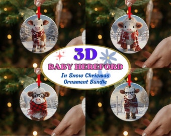 20 Files 3D Baby Hereford Cow In Snow Christmas Ornament Sublimation PNG, Hereford Cow art, Hereford Cow PNG, Digital PNG Instant Download