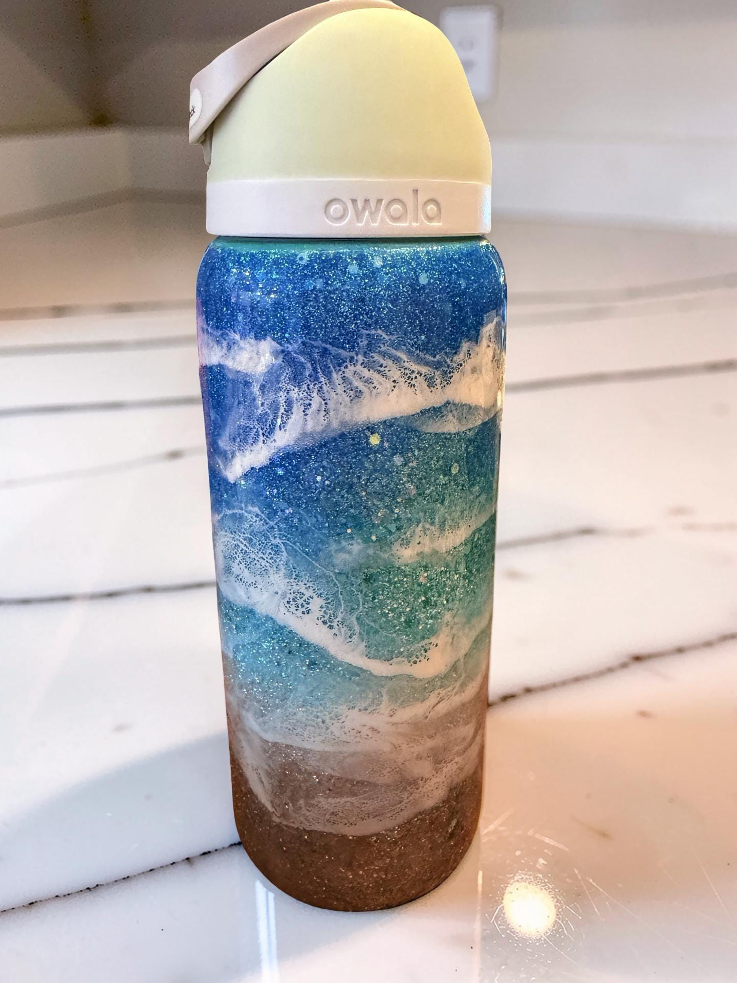 32oz Beach-Inspired Epoxy Resin Owala Bottle Handmade Ocean Tumbler Glitter Beach Water Bottle One-of-a-Kind Gift