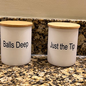 Cotton Ball Q-tip Dispenser Organizer with Bamboo Lid…Balls Deep…Just the Tip…Glass Bathroom Canisters…Q-tip Holder…Cotton Ball Holders