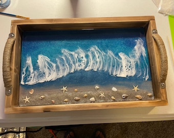 Handmade Beach Tray: Resin Ocean Inlay, with Handles