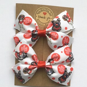 Funny faces Red Nose Day hair accessories, set of two 3-inch bows for school charity day, handmade in the UK.
