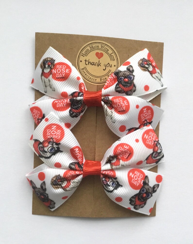 Funny faces Red Nose Day hair accessories, set of two 3-inch bows for school charity day, handmade in the UK.